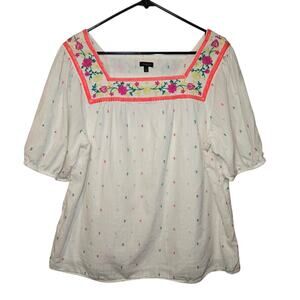 Talbots Embroidered Peasant Blouse XL Cream Boho Cottagecore